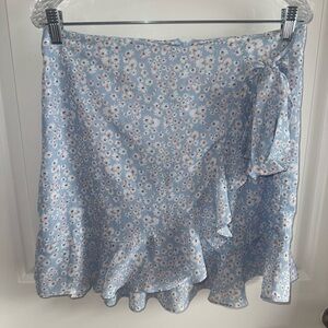 Blue and White Ruffled Wrap Mini Skirt